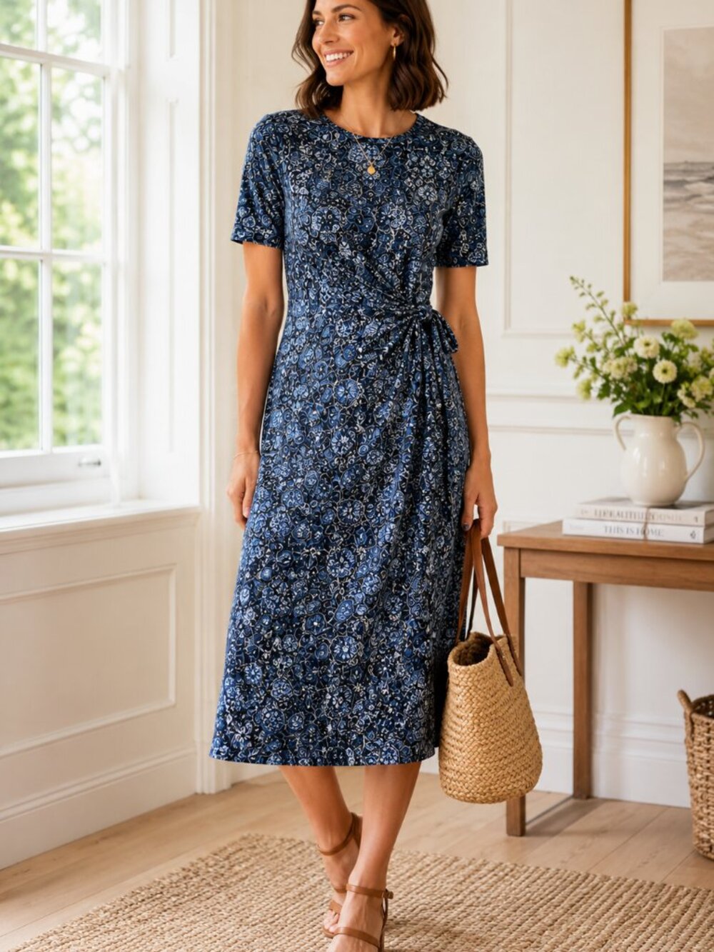 Boden Faux Wrap Jersey Midi Dress 8 Blue Floral Paisley Side Tie Modal - Picture 1 of 7